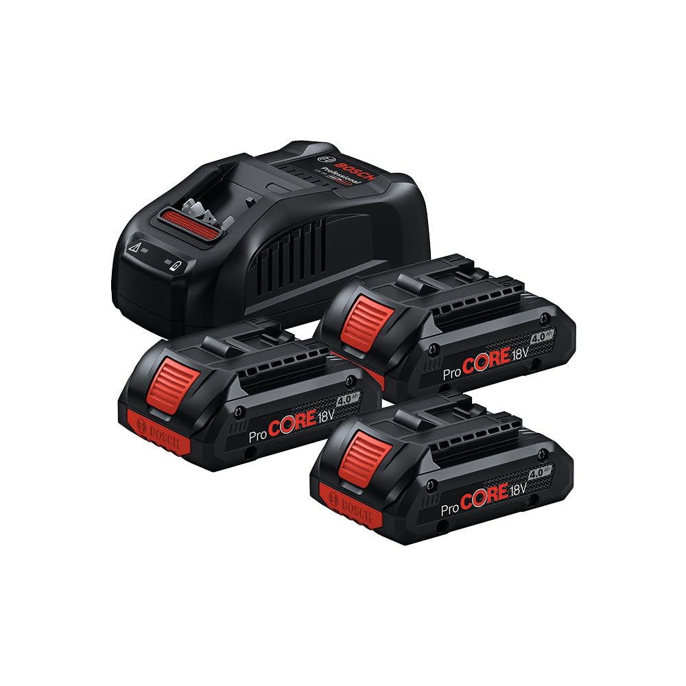 Bosch Set di batterie ProCore – Batteria di ricambio con 87% di potenza in più rispetto a una batteria tradizionale, 3 batterie da 18 V 4 Ah con caricatore rapido incluso