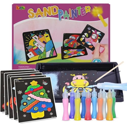 Buroku - Kit de Arte con Arena para Niños | 10 Láminas de Diseños Divertidos | 10 Botellas de Colores Vibrantes | Fomenta Creatividad y Habilidades Motoras | Juego de Pintura