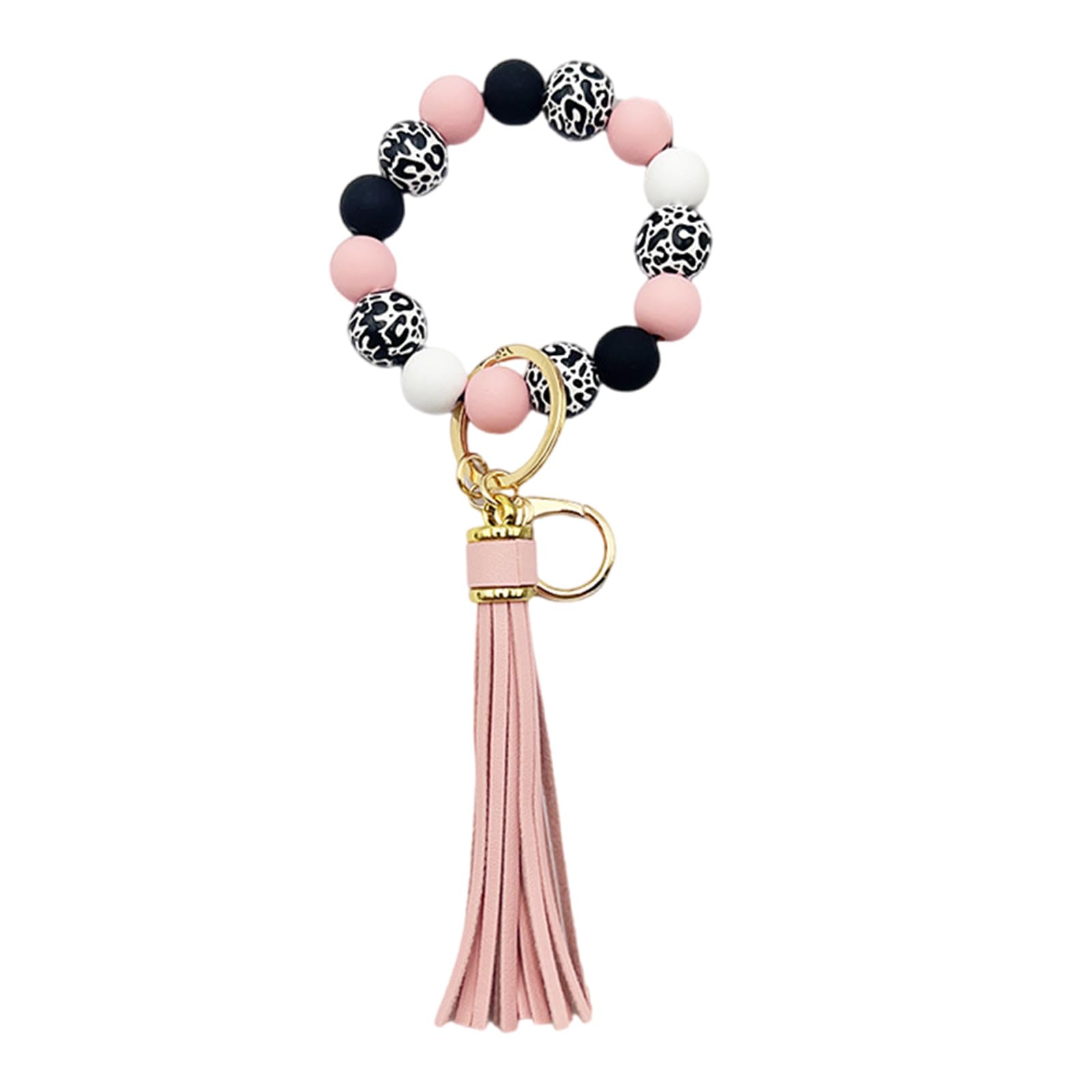 jojnsha Cuteness Car Key Chain Holder Stylish Wood Bead Keyring Bracelet Wristlet with PU Tassels Beaded Keychain for Women