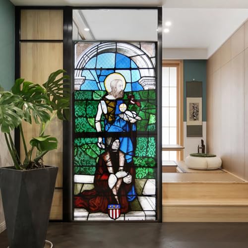 Church Style Stained Glass Window Film Decorative Privacy Non Adhesive Window Stickers for Home Office J25 90x180cm(35.4