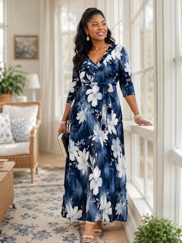 Image of PinkPatty Plus Size Maxi Dress for Women Casual V Neck 3 /4 Sleeve Boho Printed Long Dress with Pockets