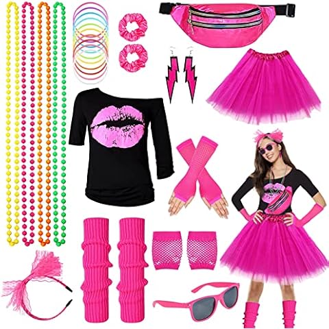80er Jahre Outfit Damen Accessoires Set Damen Assecoires 80s Mottoparty KostüM Damen Kleidung Party Neon ZubehöR FüR Kinder 80/90er Cover