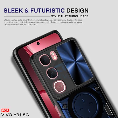 Image of AESTMO Armor Vivo Y31 5G Bumper Back Case Cover | Ring Holder & CD Pattern Sliding Camera Shutter Cover | Back Case Cover for Vivo Y31 5G (Blue)
