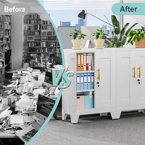 Image of pozdeg 35.43 inch Lockable Metal Storage Cabinet, Steel Office File Cabinet | Garage Tool Cabinet with 2 Adjustable Shelves, Freestanding Multi‑Purpose Cabinet for Home, Office & Garage, White
