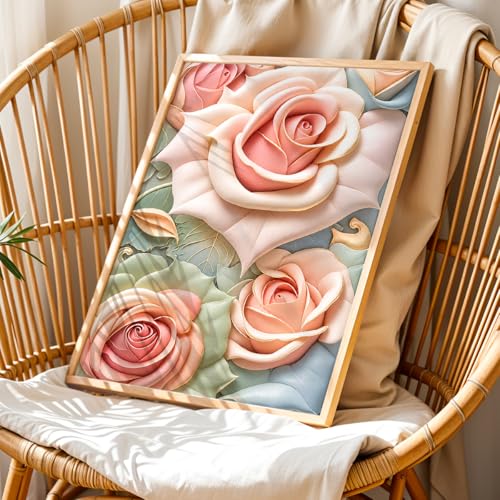 Image of NoWorries 3D Rose Floral Wall Painting with Frame Set of 1 | Premium Textured Pastel Flower Artwork, Luxury Botanical Nature Wall Decor for Living Room, Bedroom, Office and Home Decoration (3d Art-2,17x25inch)