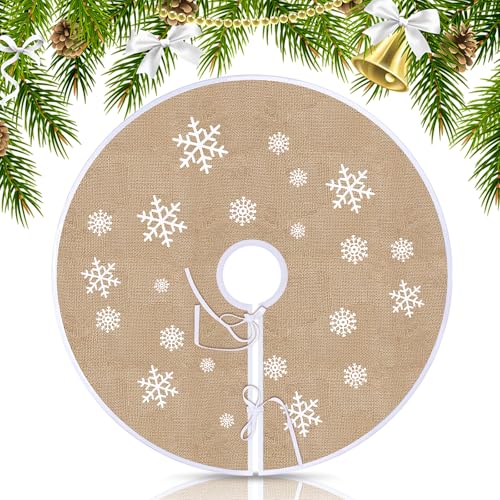 Manta para Árbol de Navidad, Falda de árbol de Arpillera de Navidad, Falda Redonda Color Caqui, Copo de Nieve Blanco Impreso Faldas para el árbol (75 cm)