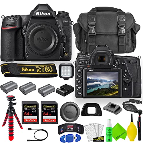 Nikon D780 DSLR Camera (Body Only) 1618 with 2 Extra Batteries + Large Case + 2 Sandisk Extreme Pro 64GB Card + LED Light + 12