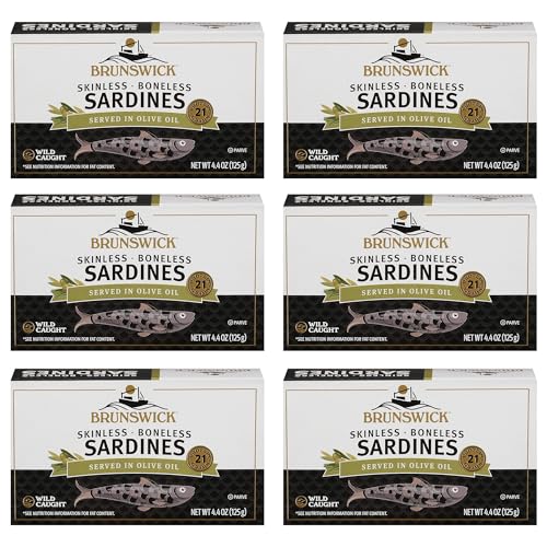 Brunswick Wild Caught Skinless and Boneless Sardines, Served in Olive Oil, 4.4 Ounce (Pack of 6)