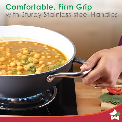 Image of Wonderchef Eco-Glide Kadhai with Glass Lid | | Chemical-Free Ceramic Coating | 24cm, 2.5L | Healthy, Low Oil Meals | Scratch-Resistant | Stainless-Steel Handle | Gas & Induction Compatible | Grey