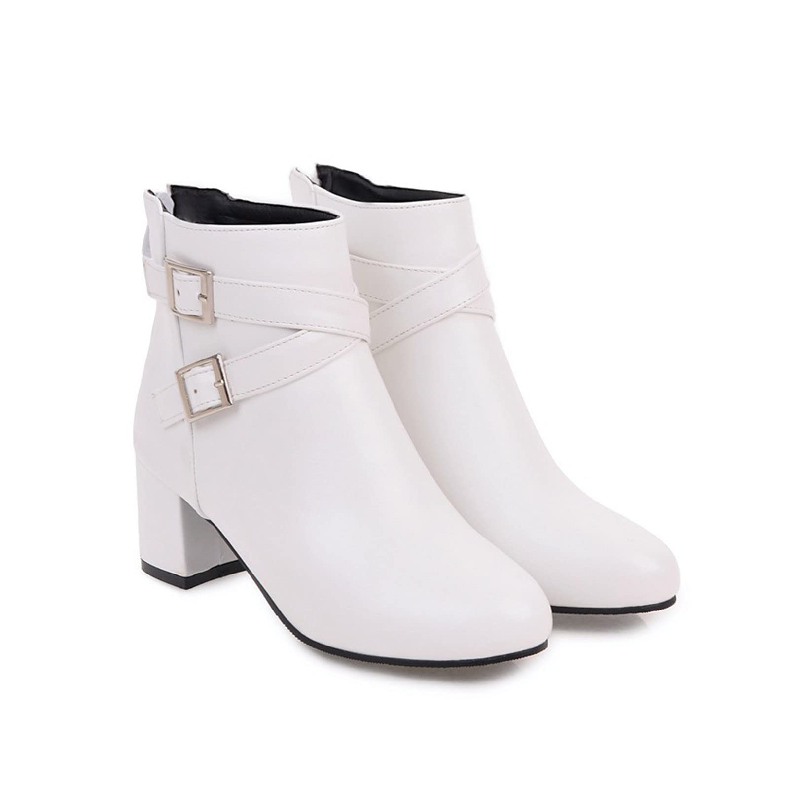 Generisch Winter Damen Ankle Boots mit Dicker Ferse Gürtelschnalle mittlerem Absatz seitlichem Reißverschluss für kalte Tage