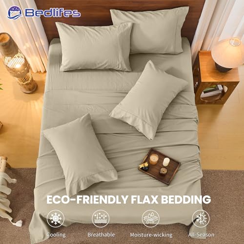 Image of Bedlifes 100% French Linen King Bed Sheet Set - 16 inch Deep Pocket, 4-Piece | Soft & Durable, Breathable & Cooling, Pure Flax Linen, OEKO-TEX Certified, Moisture-Wicking, Easy Care, Machine Washable