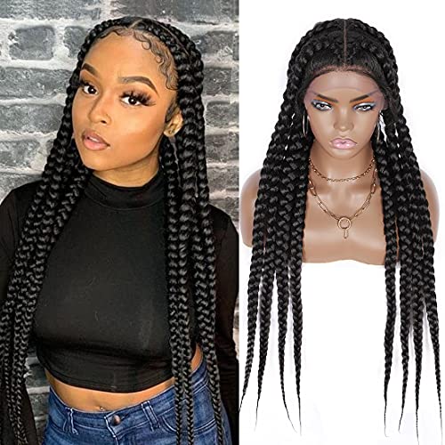 Brinbea Lace Front Braided Wigs with Baby Hair for Black Women 100% Handmade Lightweight Synthetic Lace Frontal Black Twist Box Braids Wig (30 inch)