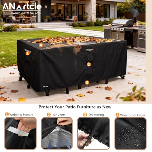 Image of ANartcle Patio Furniture Covers 111L x 74W x 28H inch,600D Waterproof Heavy Duty Outdoor Furniture Covers,Outdoor Wicker Furniture Set with Swivel Patio Chairs General Purpose Furniture Cover,Black