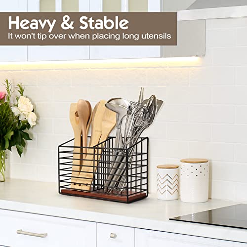 THYGIFTREE Kitchen Organizer for Counter - Large Black Metal Cooking Utensil Holder with Wooden Base - Modern Farmhouse Utensil Caddy - Image 3