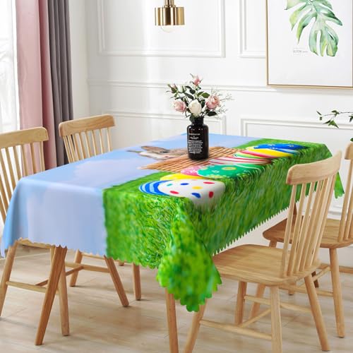 TTQYFNM 54x108inches Spring Easter Tablecloth Easter Rabbit Colorful Eggs Green Grass Blue Sky Decorative Table Cover Spill Proof Waterproof Fabric Table Cloth for Dining Table Garden Outdoor Camping