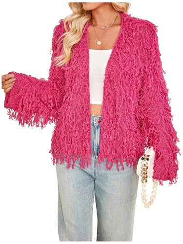 WDIRARA Women's Shaggy Knit Duster Cardigan Long Sleeve Open Front