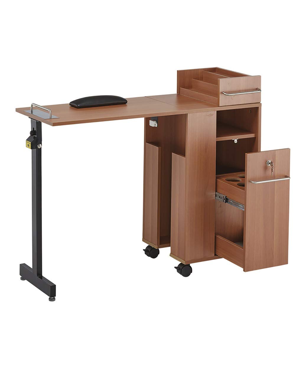 Pibbs 2009WD Folding Manicure Table for Salons - Wood Top with Silver Finish, 42" Expandable Surface, Lockable Drawer, Nail Polish Rack, 4 Casters, Wrist Pad, PIB-2009WD