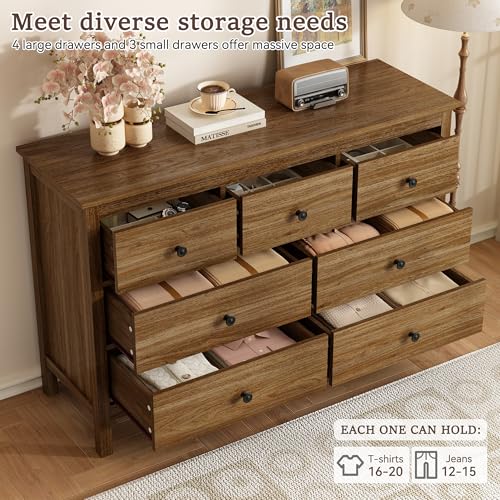 Image of LYNSOM Dresser for Bedroom with 7 Drawers, Natural Chest of Drawer with Black Handles, Wood Storage Dresser TV Stand Dressers for Closet, Living Room, Kids Room, Entryway, Oak