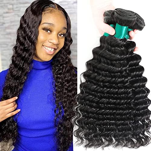 AUTTO Hair Unprocessed Brazilian Deep Wave Human Hair 3 Bundles Weaves Virgin Deep Wave Human Hair Weaves Extensions 20 22 24inches Brazilian Deep Wave Hair
