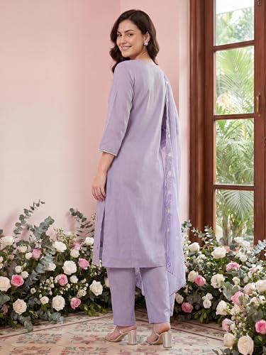 Image of INDO ERA Women's Silk Blend Solid Straight Kurta with Pant & Dupatta Set