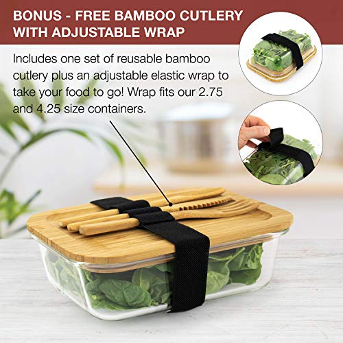 Glass Food Storage Containers with Eco Friendly, Sustainable Bamboo Lids, Set of 4. Plastic Free, BPA Free. Includes Bamboo Cutlery & Adjustable Wrap. Glass Bento Box Great for Meal Prep (assorted) - Thumbnail 2