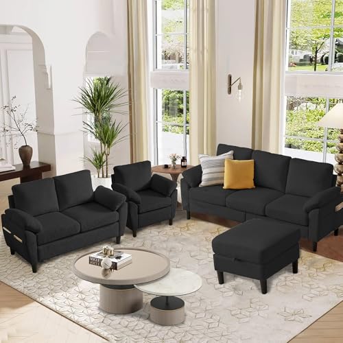 Image of 4 Piece Modern Corduroy Sofa Set, L-Shaped Sectional Couch with Storage Ottoman, Loveseat & Single Arm Chair, Side Storage Pockets, Removable Cushions for Living Room Apartment