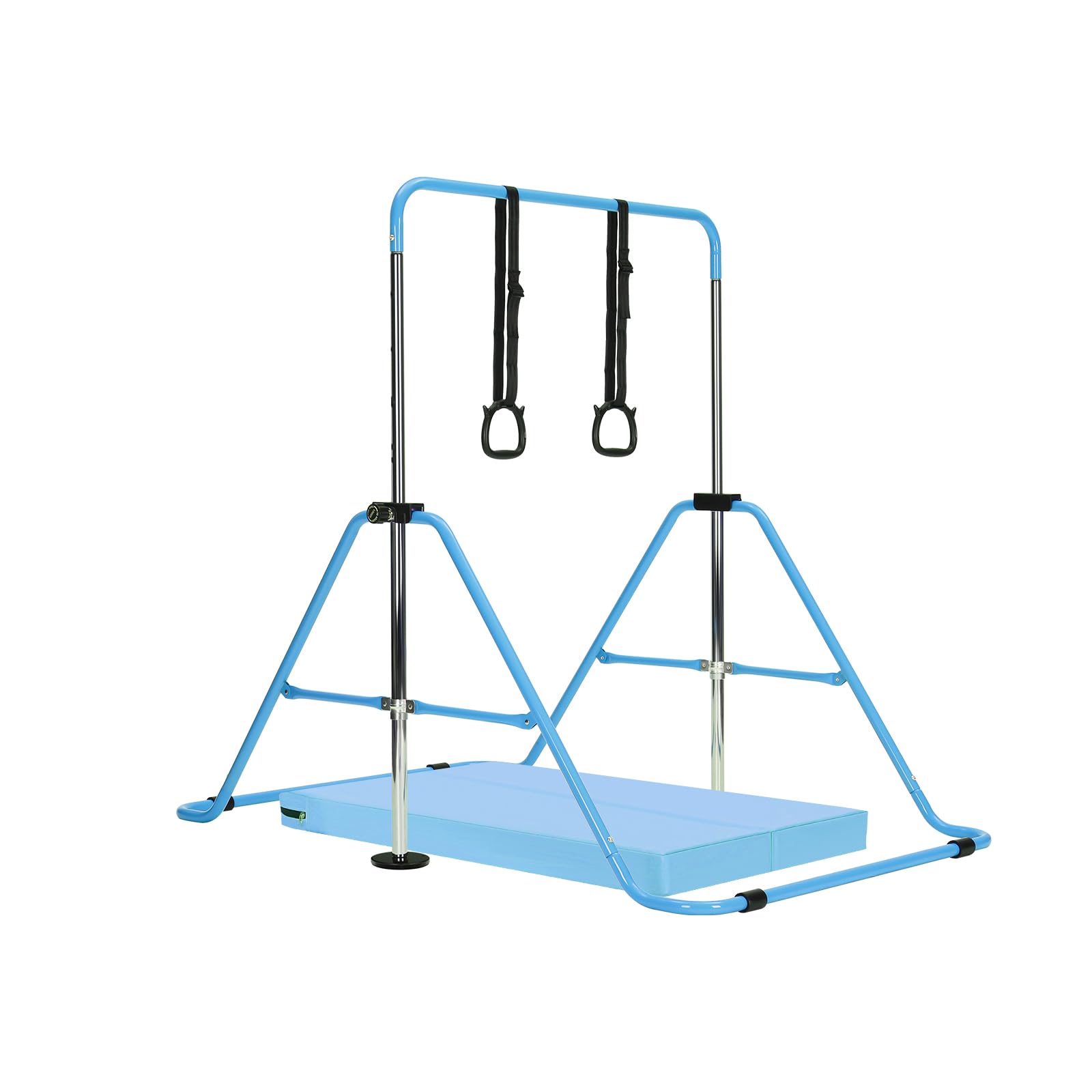 Gymnastics Bar with Mat, Adjustable Kids Gymnastics Equipment for Home, Training Kip Bar with Non-Slip Base, 5 Height Levels 31.5-51.2", Gym Bars for Children, Easy Assembly Design (With Mat, Blue)