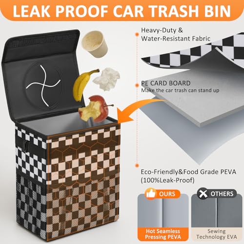 Image of Vankor Car Trash Can Bin with Lid Hanging for Back Seat, Car Accessories for Women Men Leak Proof Automotive Garbage Cans Leakproof Vehicle Trash Can for Truck SUV,Black White Checkered
