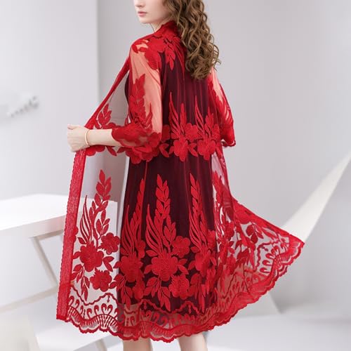 Image of FindThy Women's Floral Lace Embroidery Cardigan 3 /4 Sleeve Sheer Mid-Long Coat Kimono Coverups
