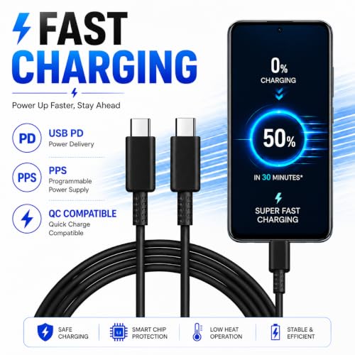 Image of ZYBUX Original 45W Type C To C,Mobile Data Charging Cable For Galaxy Superfast Power Cable A54 / A15 / A14 / A34 / A23 / F54 / F34 / F23 / F14 / M14 / M34 /M33 /S21 Fe /S22 /S23 /S23 Fe 5G /S24,Black