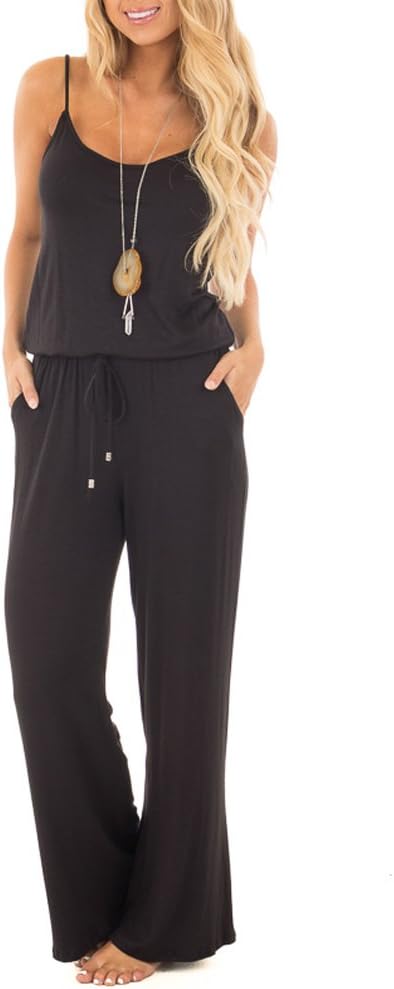 YIBU Apparel Women Summer Solid Sleeveless Wide Leg Jumpsuit Casual Spaghetti Strap Stretchy Long Pant Rompers