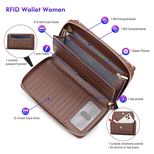 Image of nuoku RFID Blocking Wristlet Wallet for Women, Zip-Around Crossbody Clutch with 2 Removable Straps