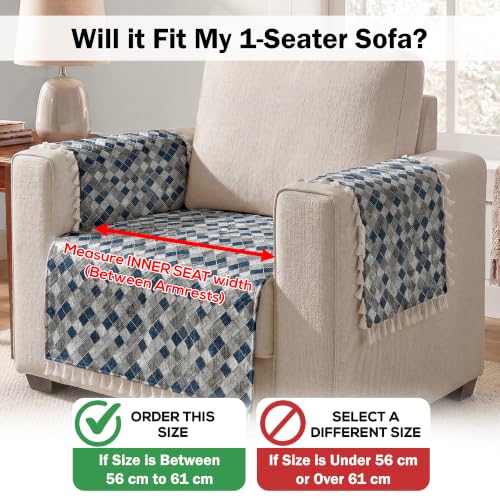 Image of Story@Home Quilted Anti Slip Sofa Cover Mat with 2 Armrest Cover, 1 Seater Velvet Sofa Protector with Tassels | Sofa Cover Mat for 1 /2 /3 Seater & L-Shape Sofa - 76 x 61 Cm - Grey & Cyan