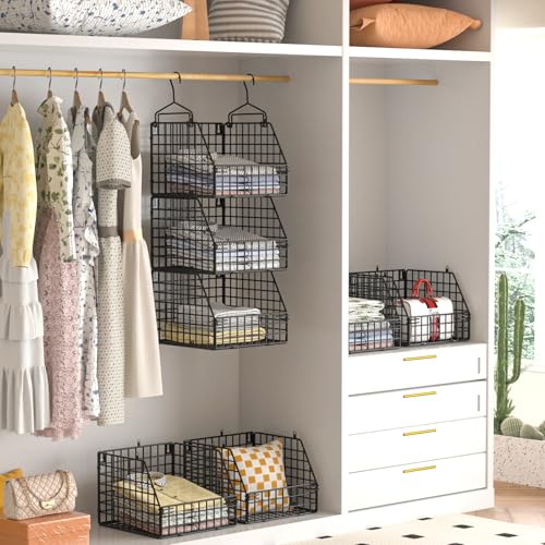 Image of PUPPYCUTE Larger & Deeper Hanging Storage Basket, Closet Organizers and Storage, Hanging Shelves Wire Baskets for Clothing Sweaters Purse Handbags Shoes Black 3 Tier