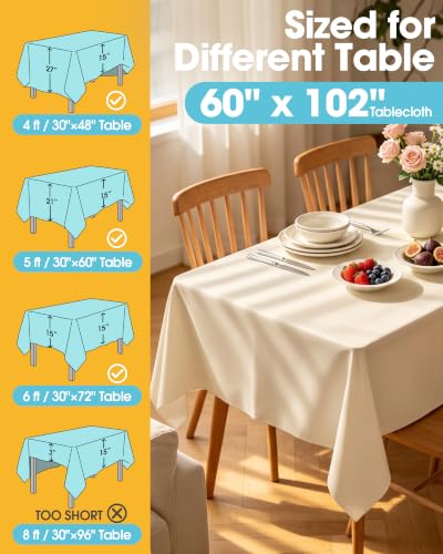 Image of Niuara Ivory Polyester Table Cloth, 6 Pack, 60 x 102 in | Rectangle, 5 ft Tables, Washable, Wrinkle Resistant, Weddings Parties