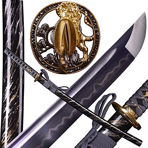 ANATAK Handmade Katana Sword,Japanese Samurai Sword by 1060 Carbon Steel/Damascus Folded Steel/T10 Steel Carbon Steel Clay Tempered,Full Tang,40.5-Inch (Golden Tiger-T10 Clay)