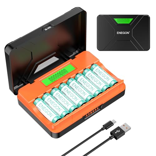 ENEGON Cargador Rápido 8 Ranuras para Pilas AA/AAA con Pantalla LCD + 8 Pilas AA Ni-MH (2400mAh), Estación USB-C de Carga y Almacenaje – para Ratones, Juguetes y Electrónica