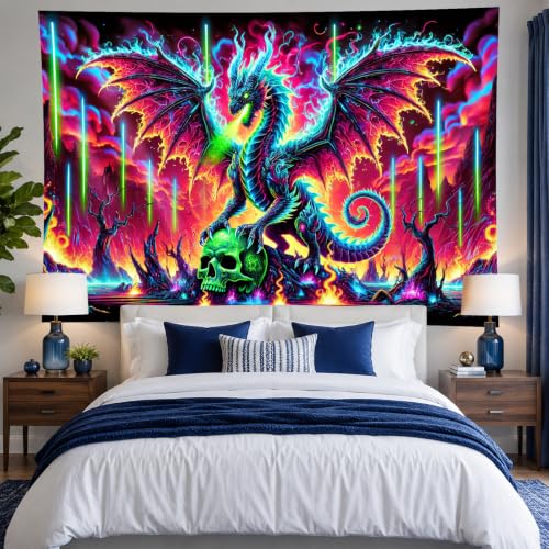 Image of BlissYard Dragon Tapestry Blacklight Tapestry 78x59 Inch UV Wall Hanging | Dragon Tapestry with Neon Dragon Skull Fantasy Scene for Gaming Room Bedroom Dorm and Trippy Wall Decor