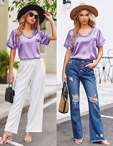 Image of Ekouaer Silk Pajama for Women Short Sleeve Satin Pj Set Two Piece Soft Sleepwear Loungewear S-XXL