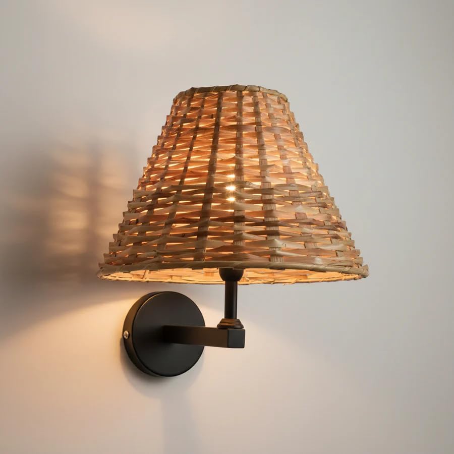CORAL TREE Handwoven Rattan Wall Light with Adjustable Drop Rod | Natural Wicker Wall Lamp with Matte Black Metal Arm | Boho Decorative Wall Lighting for Living Room & Bedroom (Metal-Black)-image-18