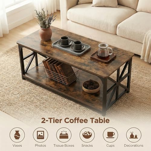 Image of GOFLAME 2-Tier Rectangular Coffee Table, Modern Center Table with Wooden Top, Metal Frame, X Shaped Side Pattern, Display Accent Tea Tables, Living Room Tables for Apartment (Rustic Brown & Black)