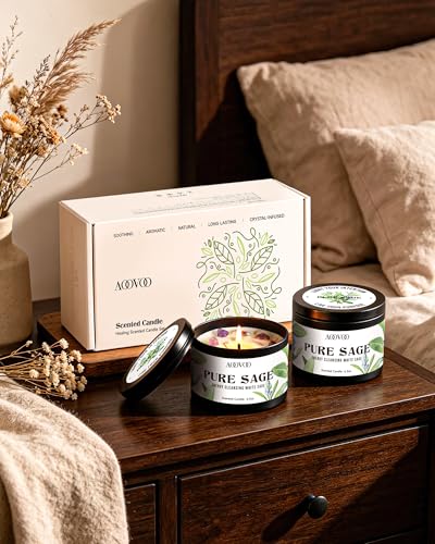 Image of AOOVOO 2 Pack Sage Candles - Cleansing Candle with Crystals & Sage Leaves Inside, 13oz 100 Hours Long Lasting, Non Toxic Candle for Spiritual House Energy Meditation Yoga