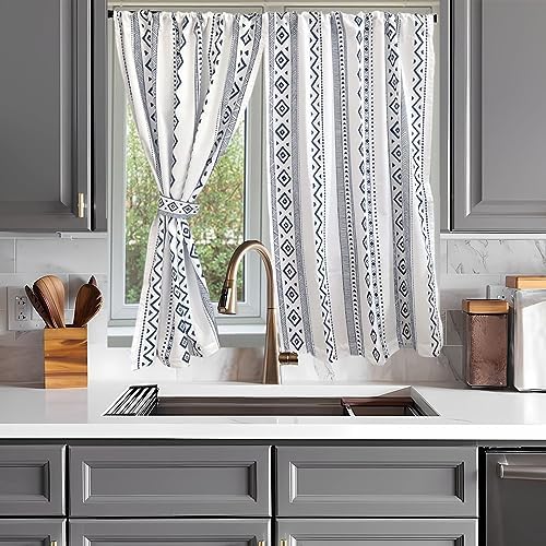 Heichkell Visillo Con Diseño De Rayas, Semitransparente, Puerta Corta, Con Cordón, Para Cocina, Comedor, Color Gris, Alto X Ancho 45 X 90 Cm