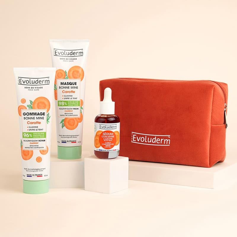 EVOLUDERM – Trousse Visage Trio Carotte - 1 Gommage Carotte + 1 Masque Carotte + 1 Sérum – idée Cadeau - Fabrication Française