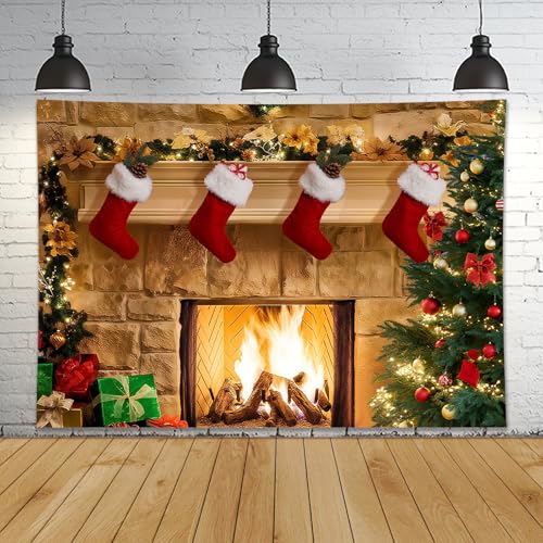 Christmas Backdrop 7x5ft Winter Photo Backdrop with Fireplace, Xmas Tree,