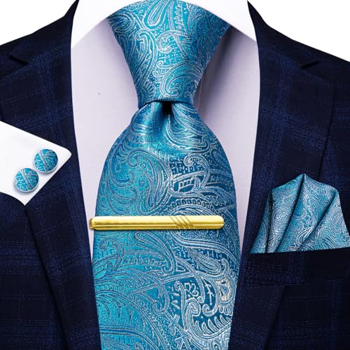 Image of Hi-Tie Paisley Turquoise Blue Men Ties Silk Jacquard Formal Business Necktie Pocket Square Cufflinks Tie Clip Set Wedding Party