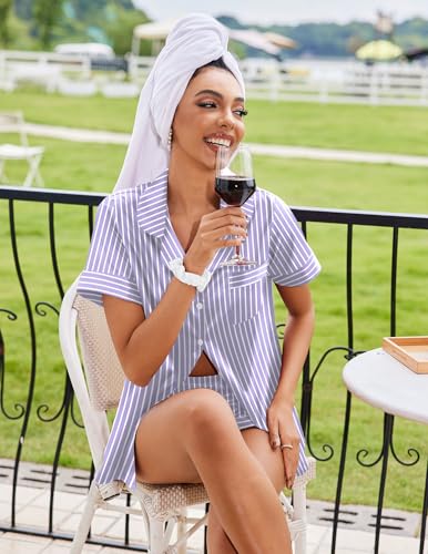 Image of Ekouaer Silk Pajamas for Women Button Down Sleepwear 2 Piece Pjs Shorts Set | Classic Short Sleeve Notch Neck Lounge Set with Pockets,Soft Cute Pj Set,Bridal Gifts,Pajama Party,Maternity Outfits
