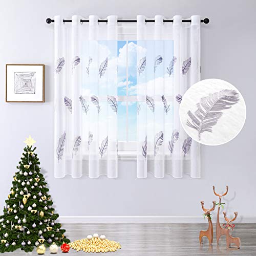 MRTREES Cortinas Ventana Baratas Bordada Translúcida con Ojales Plimas de Dormitorio Moderno Ventana Voile Visillos Salon Paneles para Niños Sala Comedor Baño 2 Piezas 140×175cm(An×L) Gris