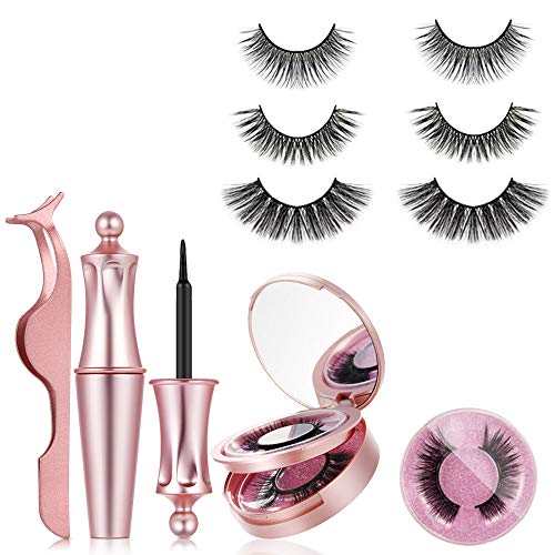 Magnetic Eyelashes,3 Pairs No Glue Reusable Silk False Lashes Magnetic Eyeliner and Lashes With Tweezers, Waterproof magnetic eyeliner, 0.2mm Ultra Thin Magnet 5d Magnetic Lashes Kit For Natural