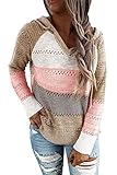 JOCAFIYE Damen Pullover Strickpullover V Auschnitt Langarm Strickpulli mit Kapuze Gestreift Herbst Oberteile Tops J PJ-Khaki XL